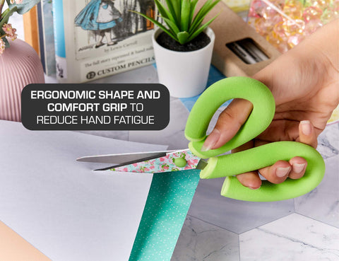 It's Academic Pillow Grips 8-Inch Scissors with Comfort Handles, Floral Blade, Green