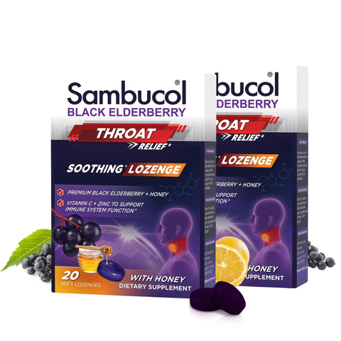 Sambucol Black Elderberry Throat Lozenge - Sore Throat Drops with Honey, Vitamin C & Zinc, Sore Throat Relief for Adults & Kids, Soothes Cough, Soft & Chewy - 40 Count, Pack of 2