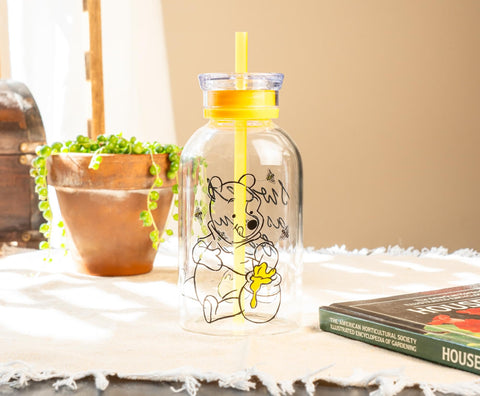 Silver Buffalo Disney Winnie the Pooh Hunny Sweet As Can Bee Glass Milk Bottle with Straw, 15 Ounces