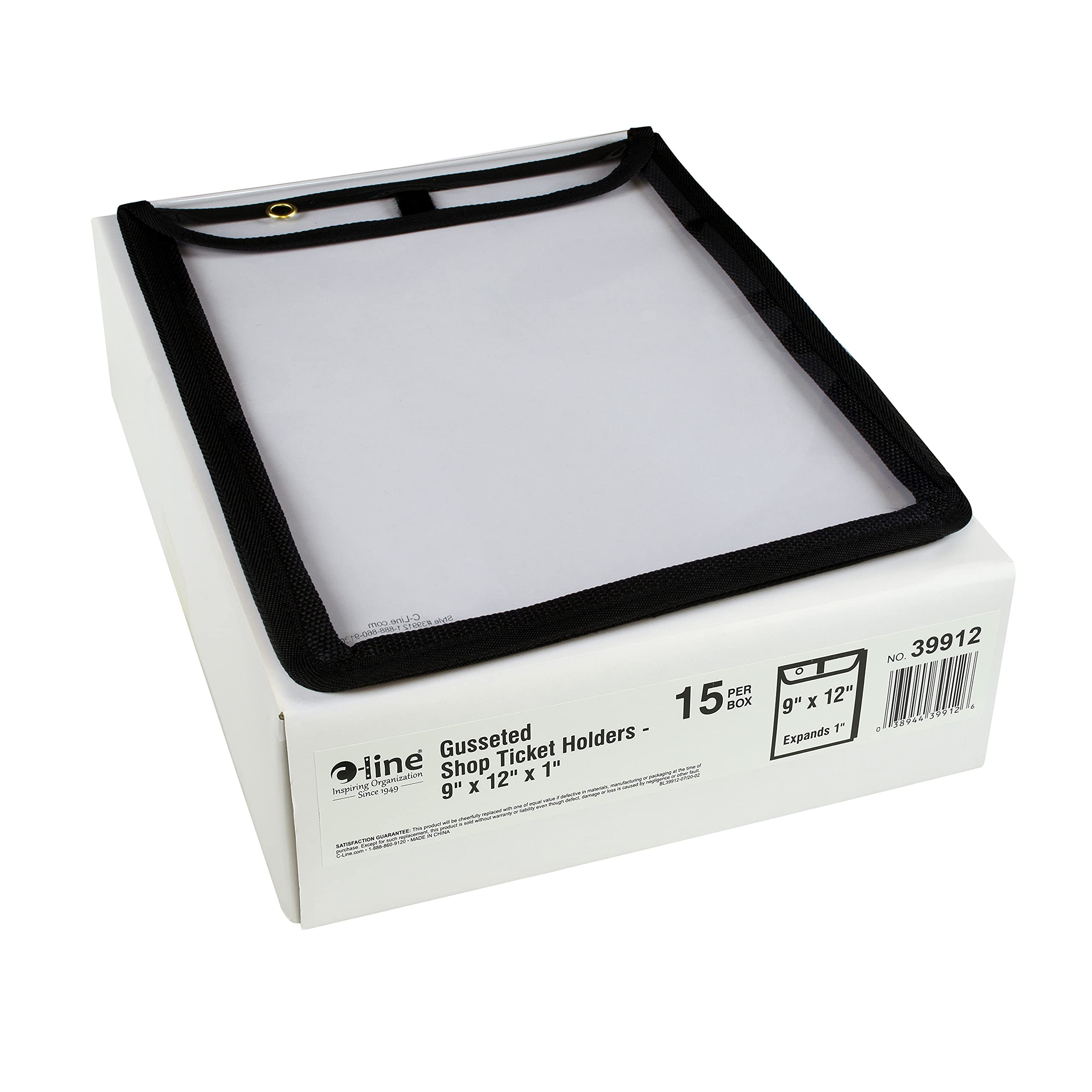 C-Line High Capacity Stitched Shop Ticket Holders, Gusseted with Flap Closure, Both Sides Clear, 9 x 12 x 1, Black, 15 per Box (39912)
