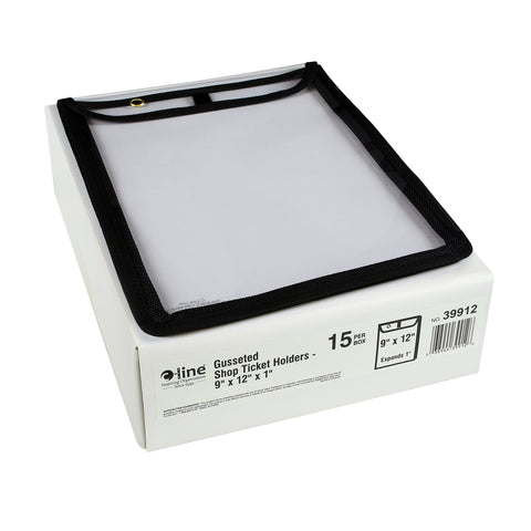 C-Line High Capacity Stitched Shop Ticket Holders, Gusseted with Flap Closure, Both Sides Clear, 9 x 12 x 1, Black, 15 per Box (39912)