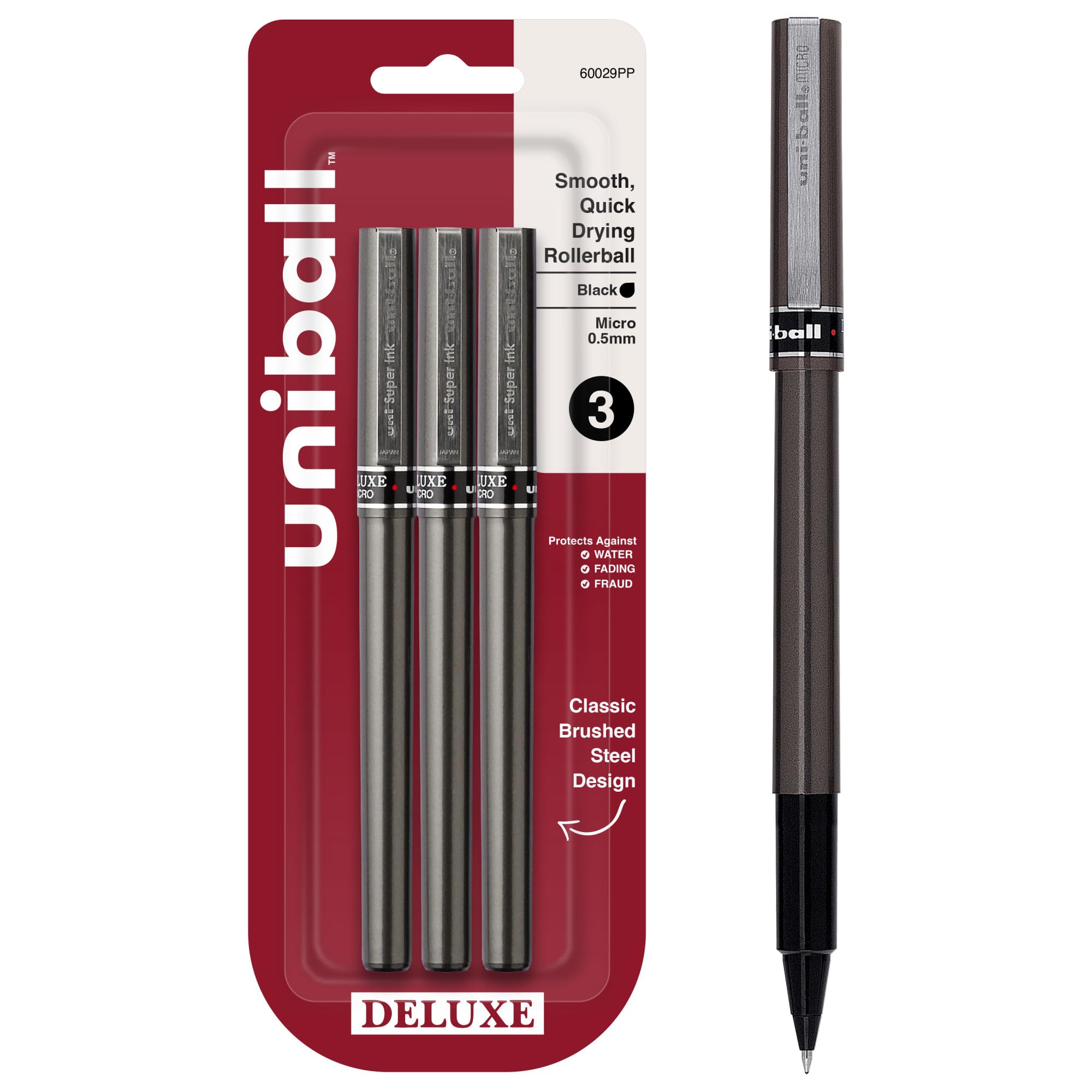 uni-ball® Deluxe Rollerball Pens, Micro Point, 0.5 mm, Graphite Barrel, Black Ink, Pack Of 3