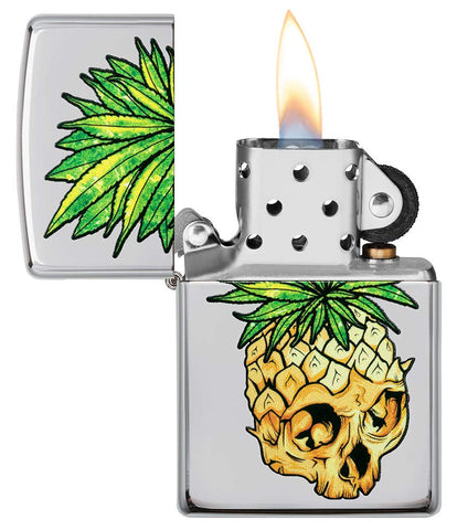 Zippo Leaf Skull Pineapple Design High Polish Chrome Pocket Lighter