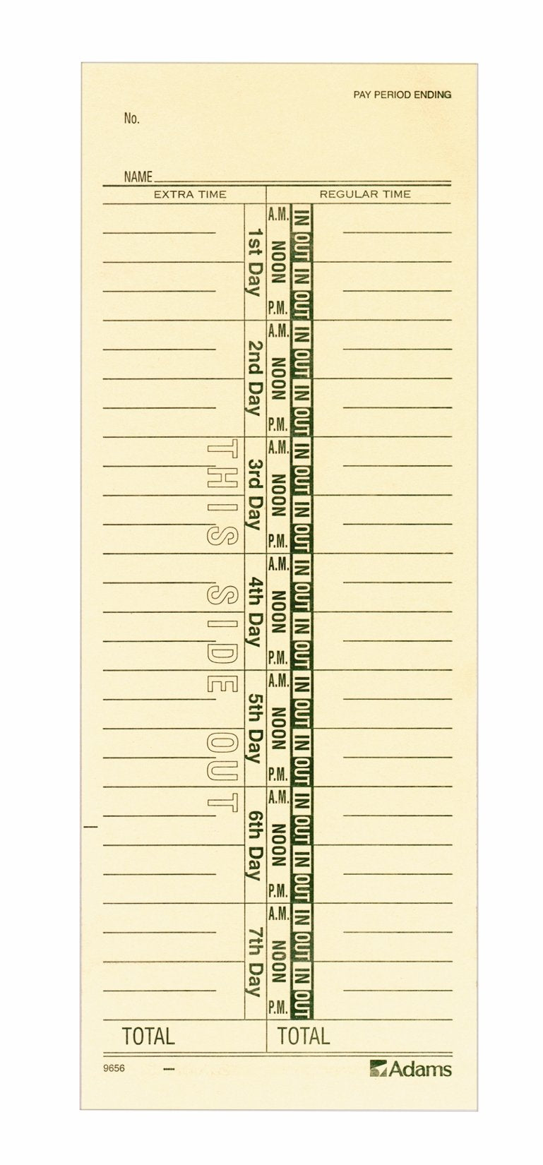 Adams Time Cards, Weekly, 1-Sided, Numbered Days, 3-3/8" x 9", Manila, Green Print, 200-Count (9656-200)