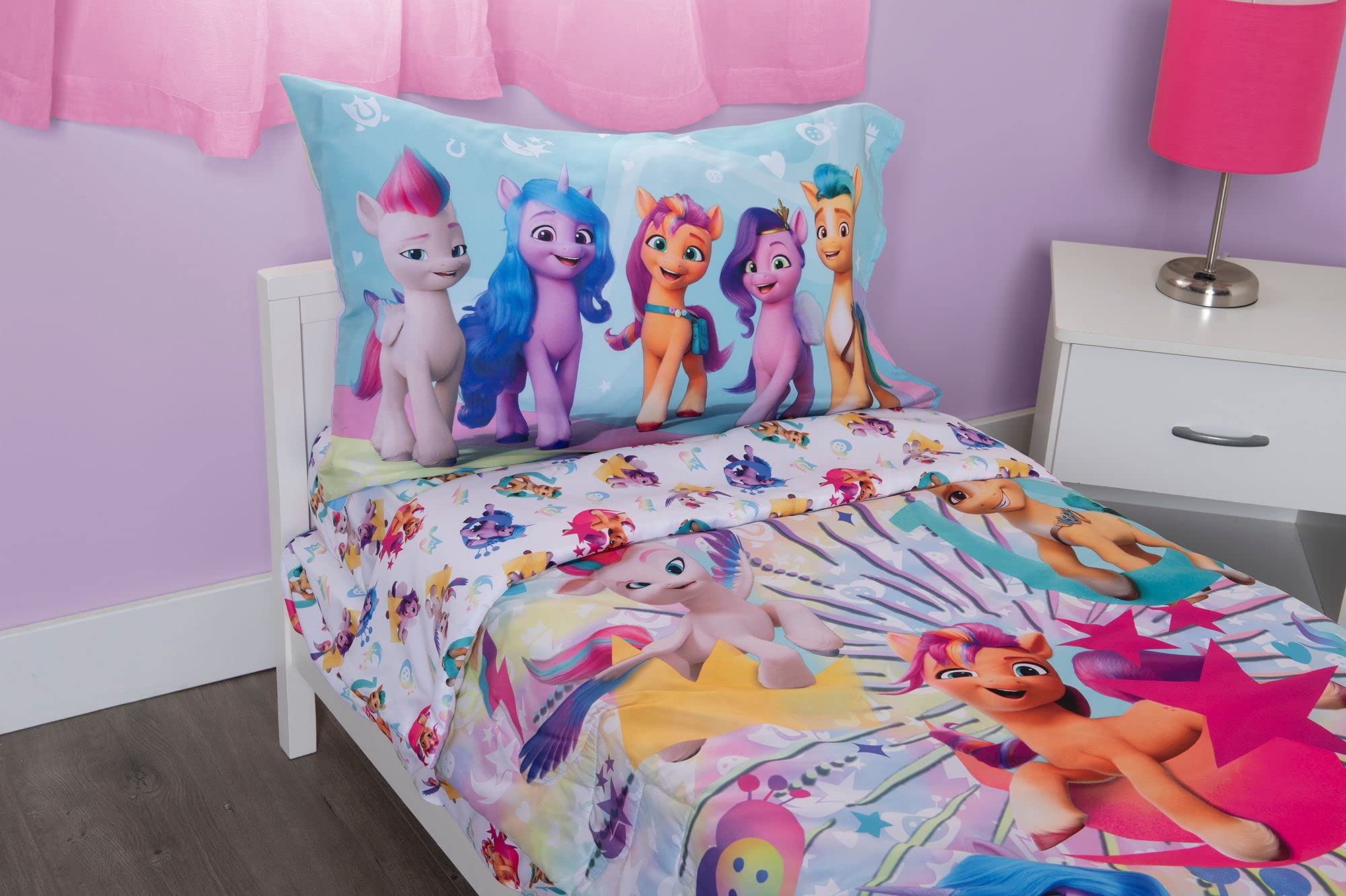 My Little Pony 4 Piece Toddler Bedding Set - Includes Quilted Comforter, Fitted Sheet, Top Sheet, and Pillow Case - My Little Pony Character Design for Toddler Bed