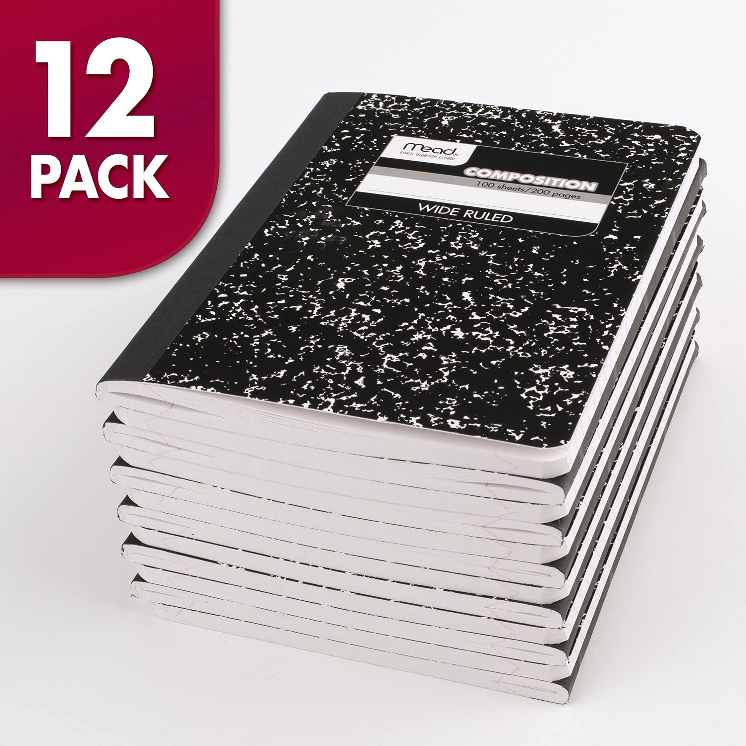 Mead Composition Notebook, 12 Pack, Wide Ruled Paper, 7-1/2" x 9-3/4", 100 Sheets per Comp Book, Black Marble (72936)