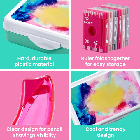 It's Academic Pencil Box Kit, Includes Ruler & Sharpener, Durable Plastic, for School & Office Supplies, Watercolor Design