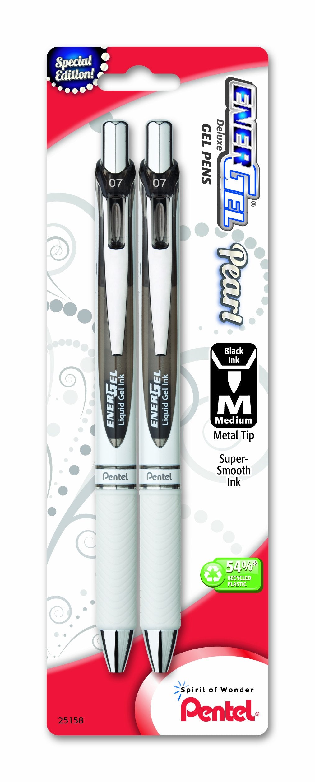 Pentel EnerGel Pearl Deluxe RTX Retractable Liquid Gel Pen, (0.7mm), Accent, Black Ink, 2 Pack (BL77WBP2A)