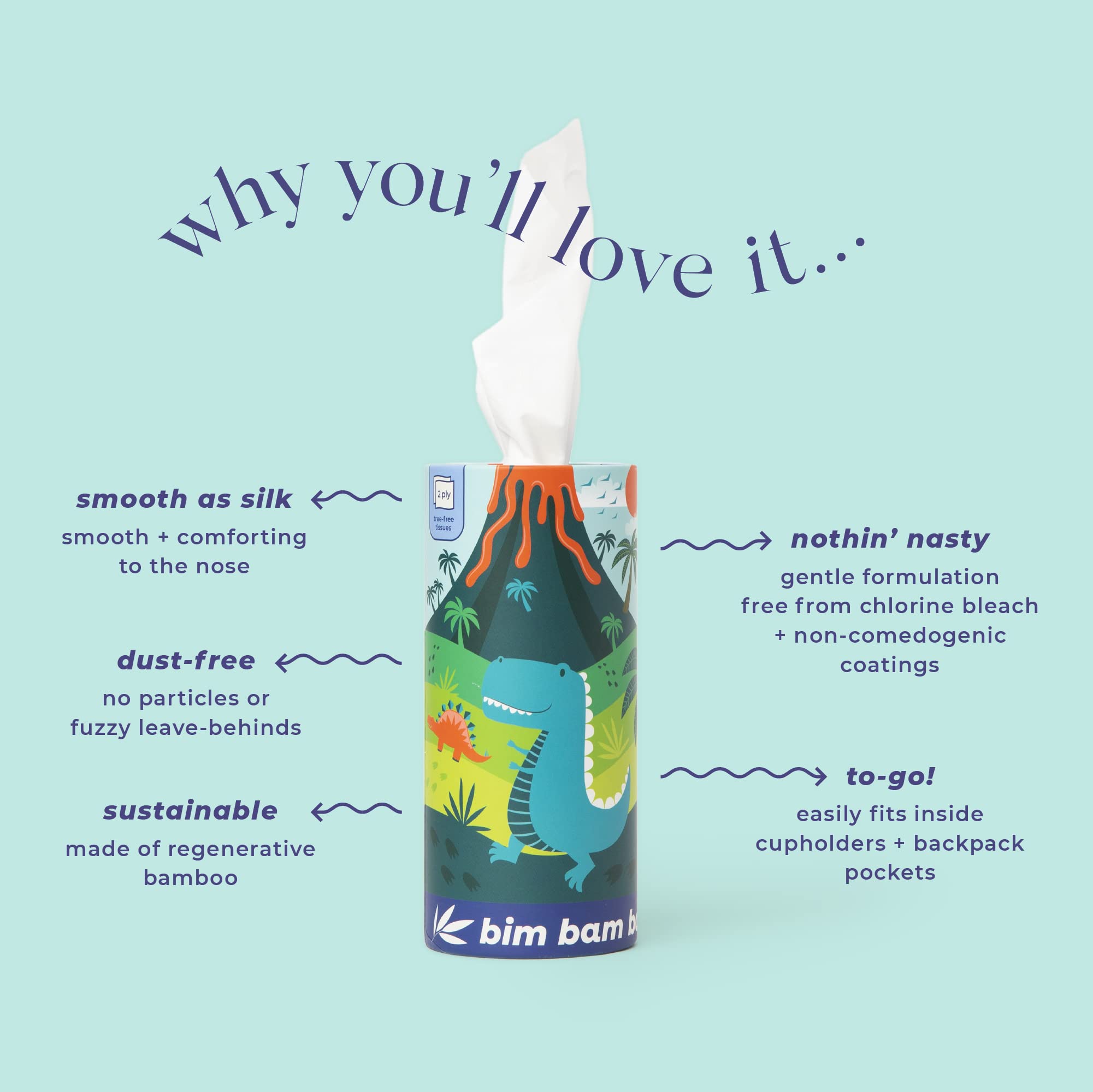 Bim Bam Boo 100% Bamboo Facial Tissue Tube, 3-ply Hypoallergenic Travel Tissues in Car Tissue Holder, 1 Eco-Friendly Cylinder Tissue Tube