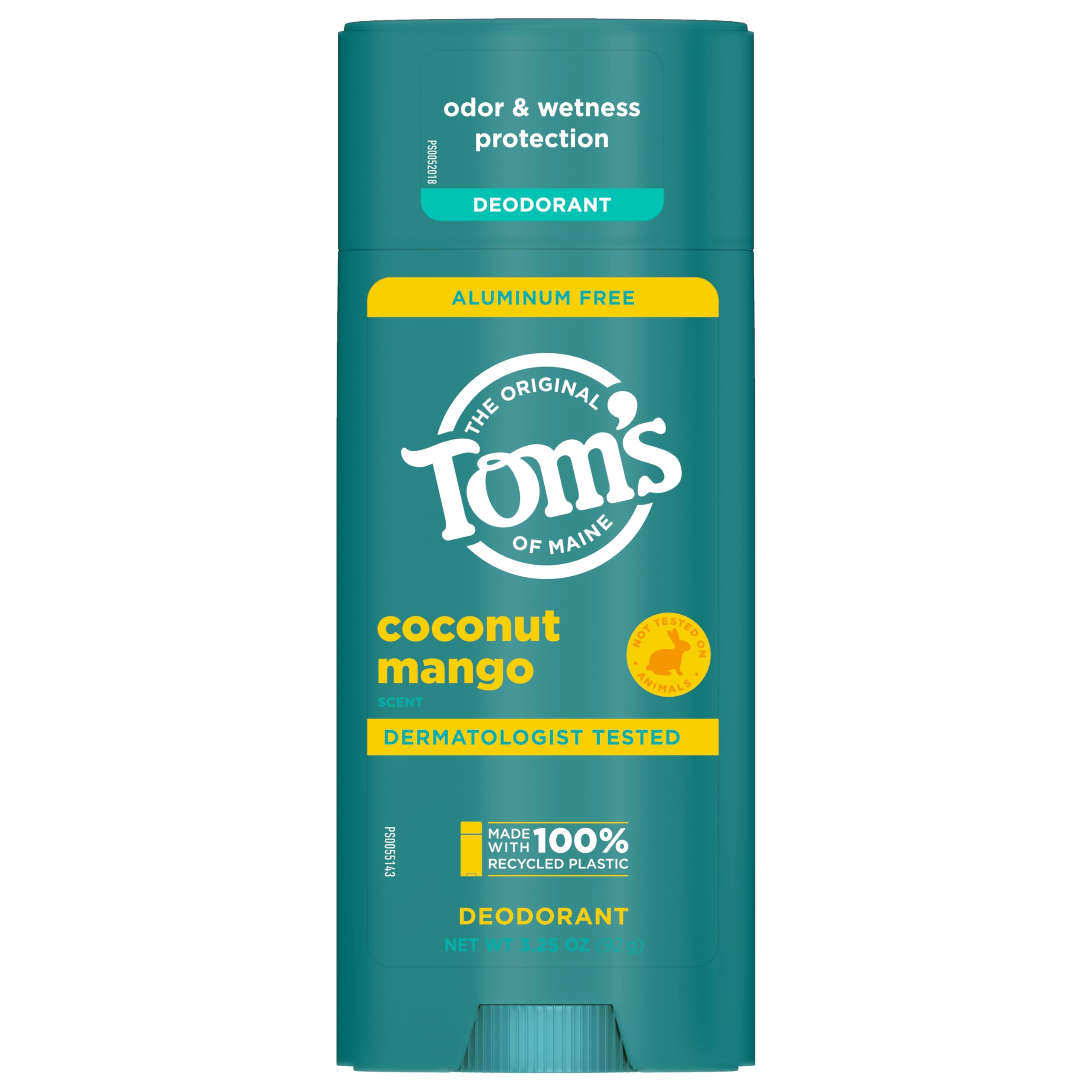 Tom’s of Maine Coconut Mango Aluminum Free Natural Deodorant For Women & Men | Goes on Clear | Odor & Wetness Protection | Naturally Derived and Moisture-Locking Ingredients | 3.25 oz