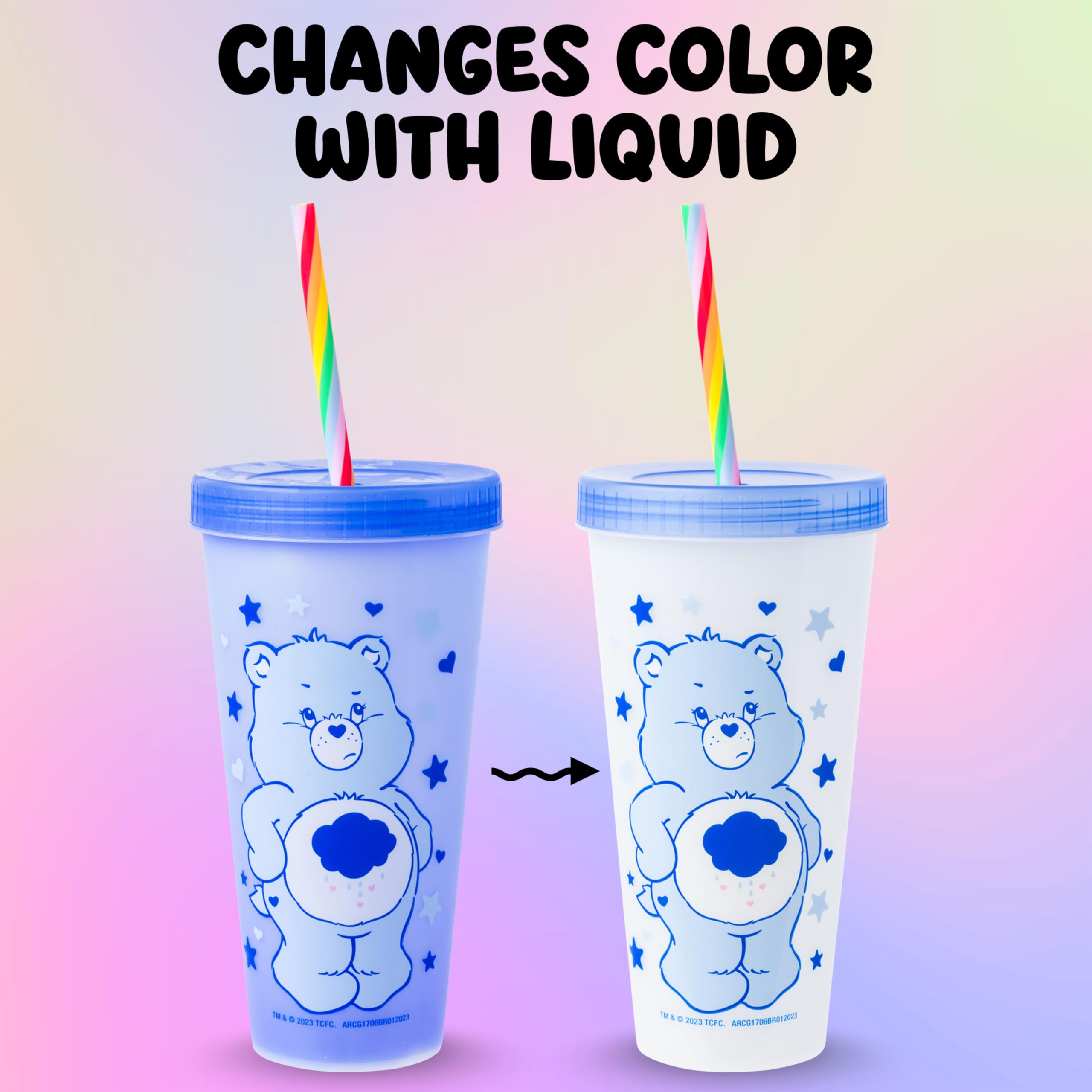 Silver Buffalo Care Bears Hearts and Stars 4 Pack Plastic Color Changing Tumblers with Rainbow Swirl Straws Featuring Tenderheart, Funshine, Cheer, and Grumpy Bear 24 Ounces