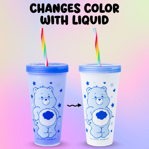 Silver Buffalo Care Bears Hearts and Stars 4 Pack Plastic Color Changing Tumblers with Rainbow Swirl Straws Featuring Tenderheart, Funshine, Cheer, and Grumpy Bear 24 Ounces
