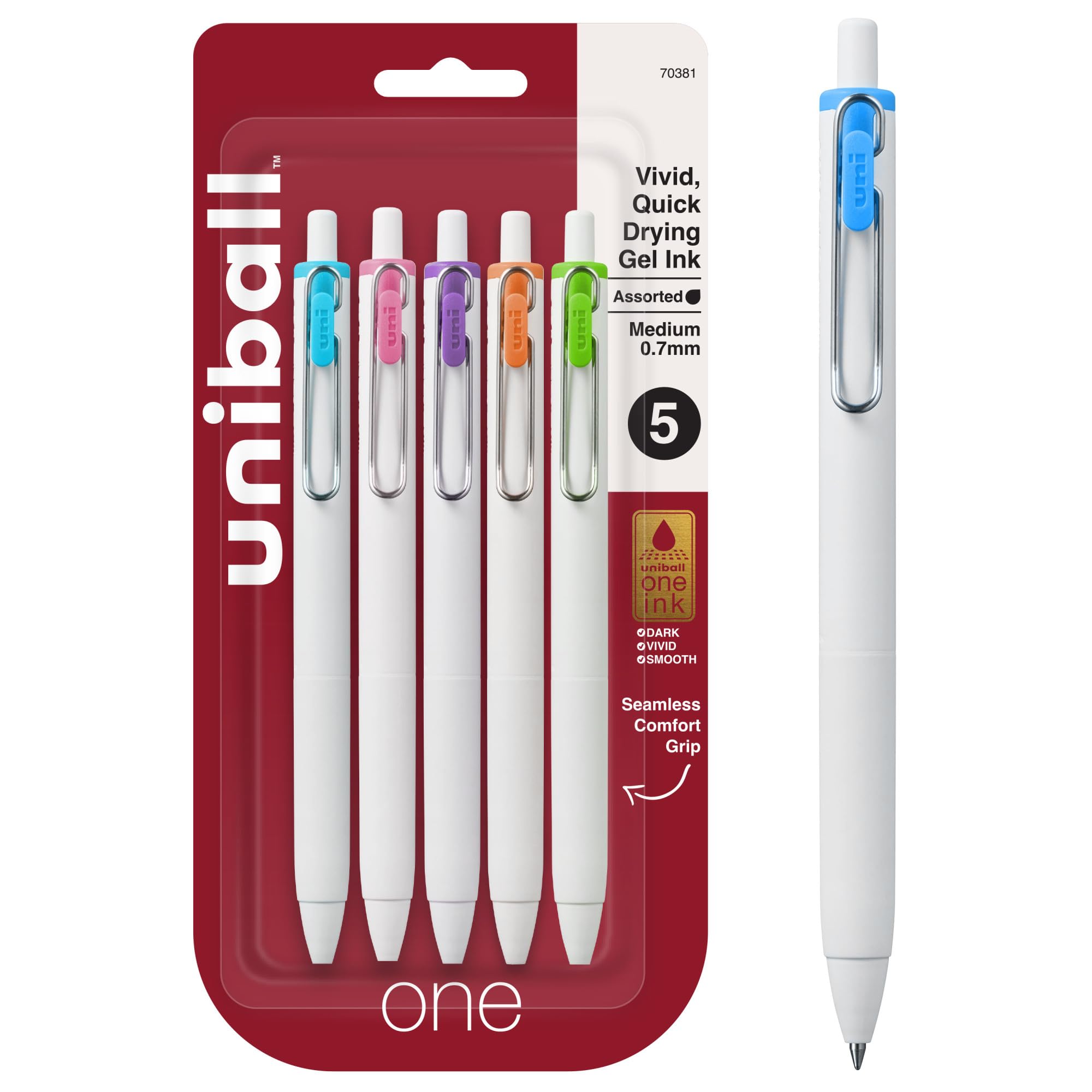 uniball one Retractable Gel Pens, Medium Point (0.7mm), Assorted Ink, 5 Pack