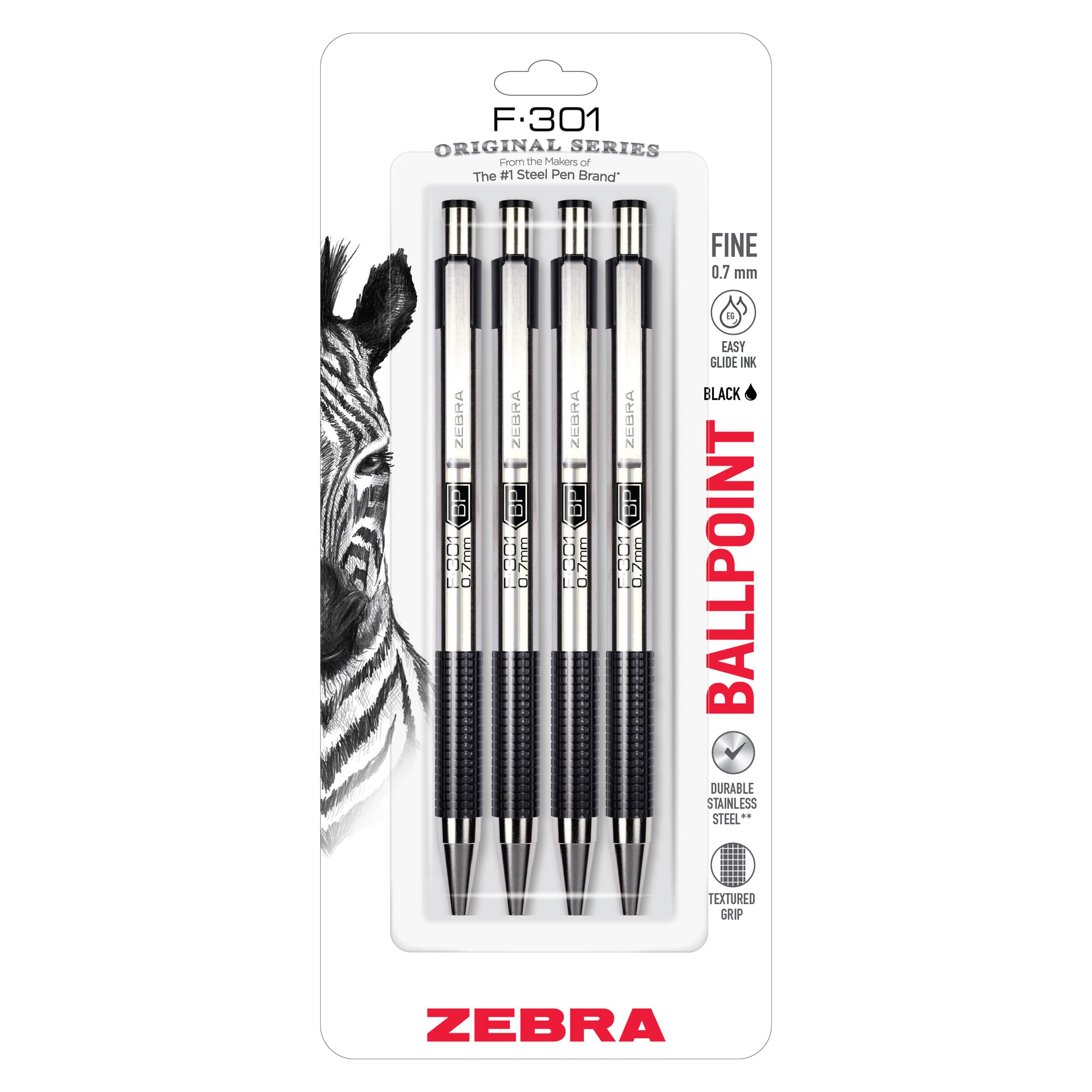 Zebra Pen F-301 Ballpoint Black Ink Fine Point 0.7mm Pen, Easy-Glide Ink, Stainless Steel Retractable, Non-Slip Grip, Professional Design, Ideal for Office, Journal and Planner Use, 4-Pack (27114)
