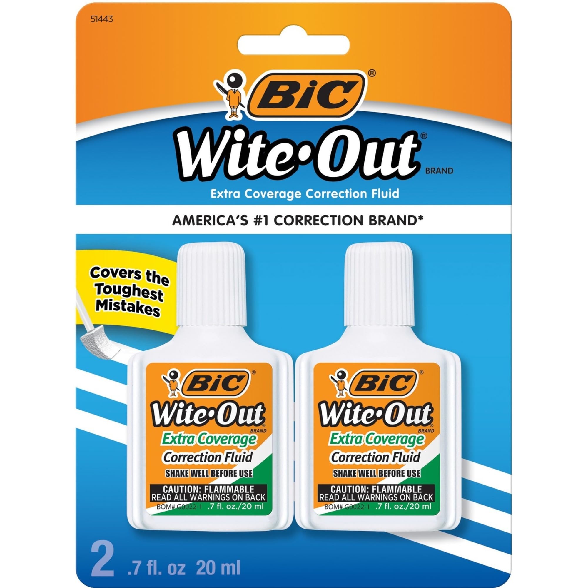 BIC Wite-Out Extra Coverage Correction Fluid, 20 mL Bottles, White, Pack Of 2