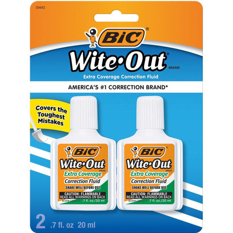 BIC Wite-Out Extra Coverage Correction Fluid, 20 mL Bottles, White, Pack Of 2