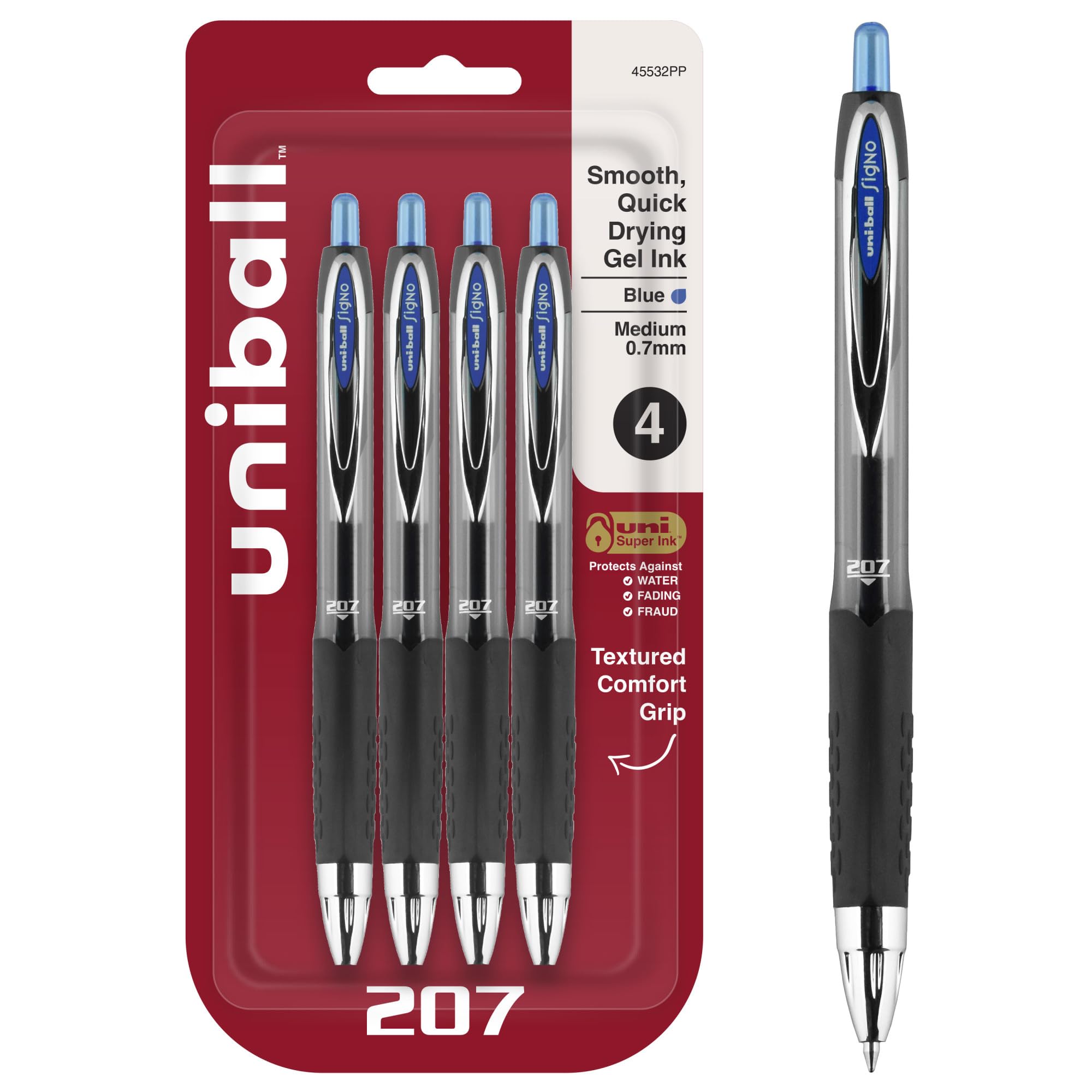 uni-ball® Signo Gel 207™ Retractable Gel Pens, Medium Point, 0.7 mm, Clear Barrel, Blue Ink, Pack Of 4
