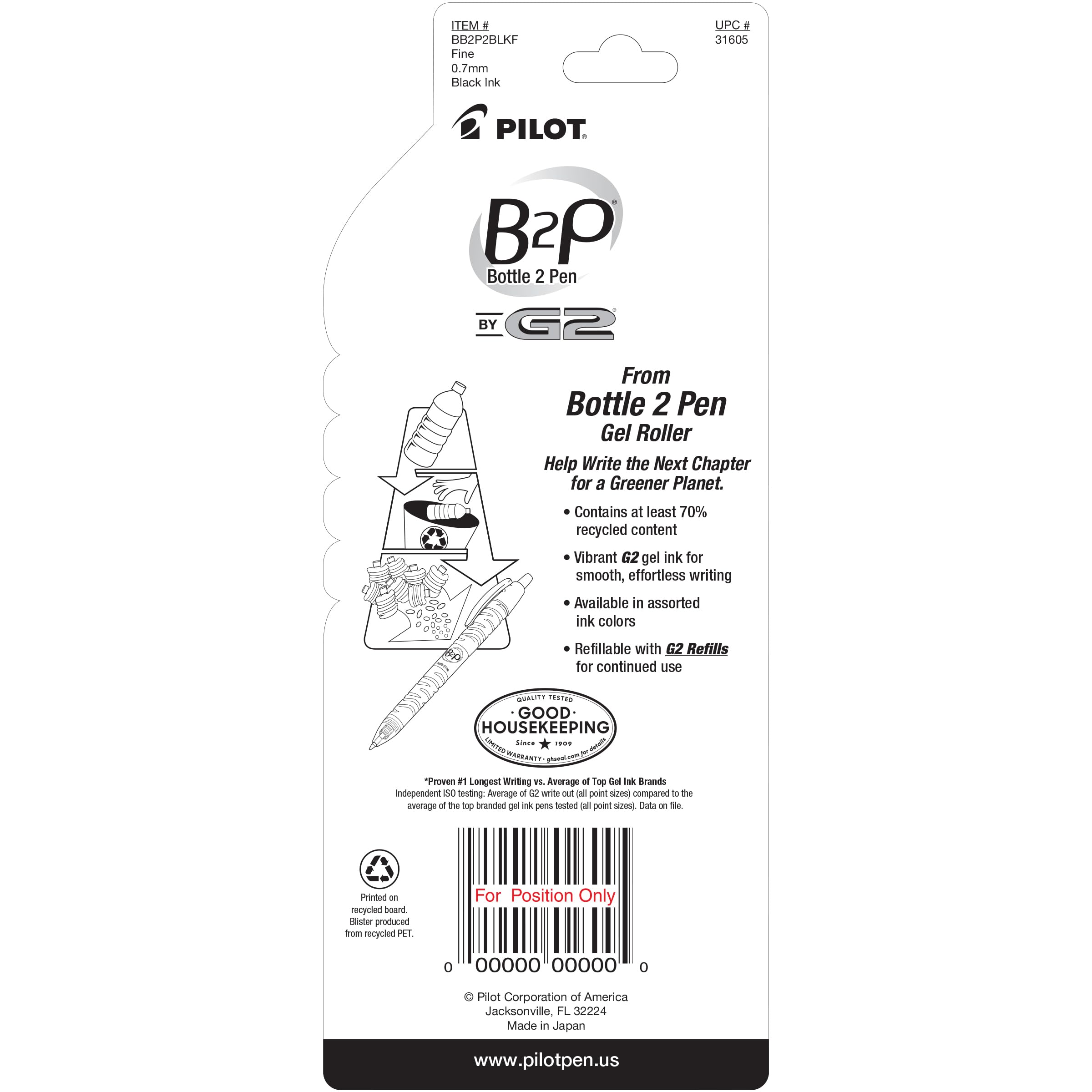 PILOT B2P - Bottle to Pen Refillable & Retractable Rolling Ball Gel Pen Made From Recycled Bottles, Fine Point, Black G2 Ink, 2-Pack (31605)