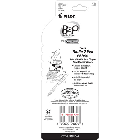 PILOT B2P - Bottle to Pen Refillable & Retractable Rolling Ball Gel Pen Made From Recycled Bottles, Fine Point, Black G2 Ink, 2-Pack (31605)