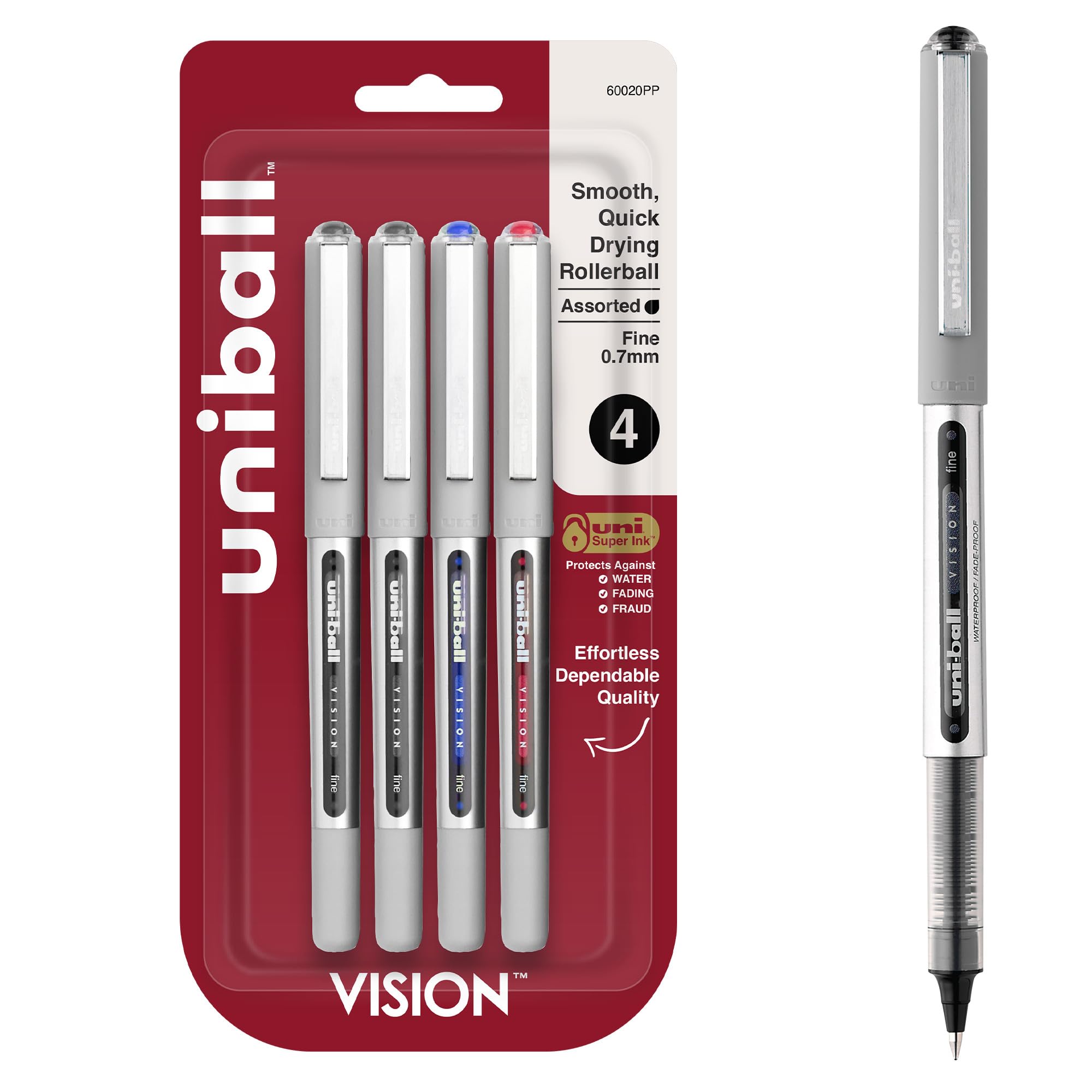 uniball™ Vision Rollerball Pens, Fine Point (0.7mm), Assorted Colors, 4 Pack