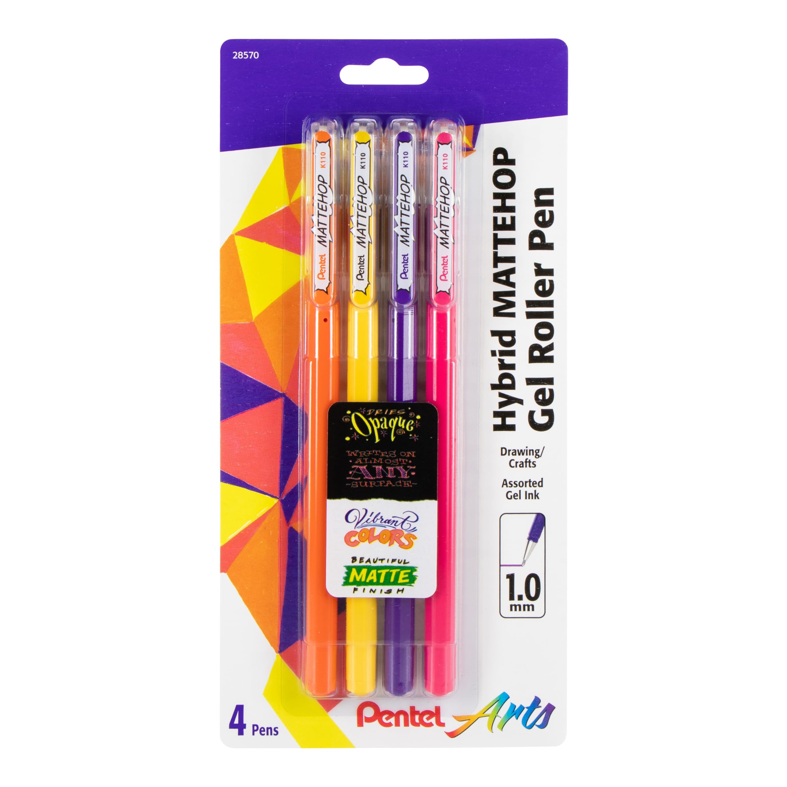 Pentel Arts Hybrid MATTEHOP Gel Roller, 1.0mm, Matte Orange, Matte Yellow, Matte Pink, Matte Violet, Pack of 4 Pens (K110VBP4M1)