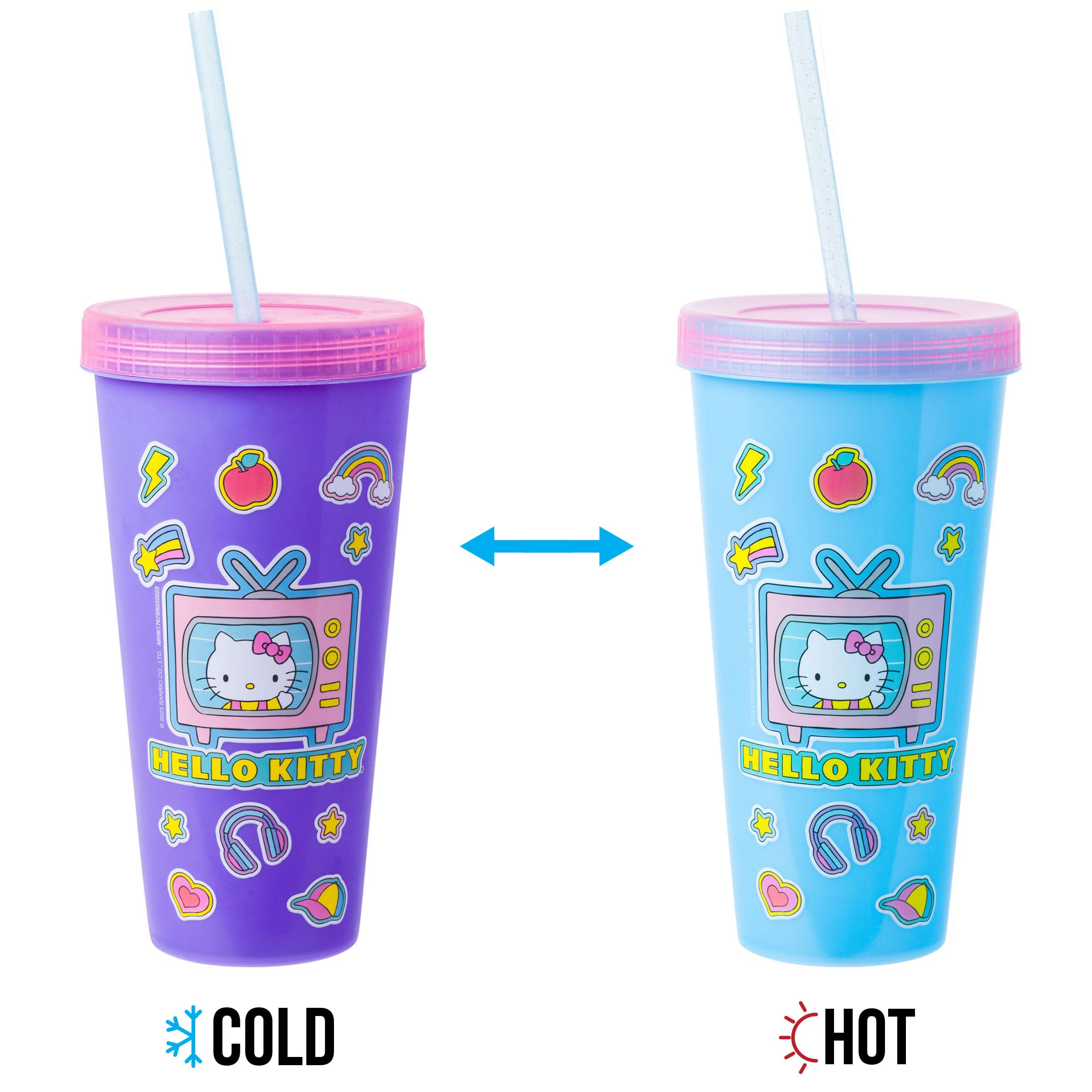 Silver Buffalo Sanrio Hello Kitty and Friends Sticker Design Featuring Kuromi, Keroppi, My Melody, and Hello Kitty 4 Pack Color Changing Plastic Tumbler Set with Glitter Straw, 24 Ounces