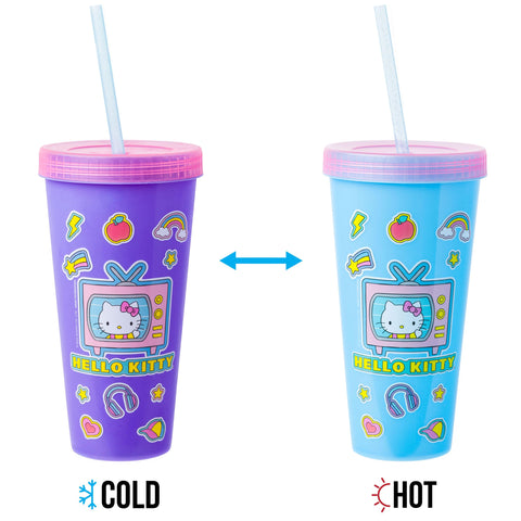 Silver Buffalo Sanrio Hello Kitty and Friends Sticker Design Featuring Kuromi, Keroppi, My Melody, and Hello Kitty 4 Pack Color Changing Plastic Tumbler Set with Glitter Straw, 24 Ounces