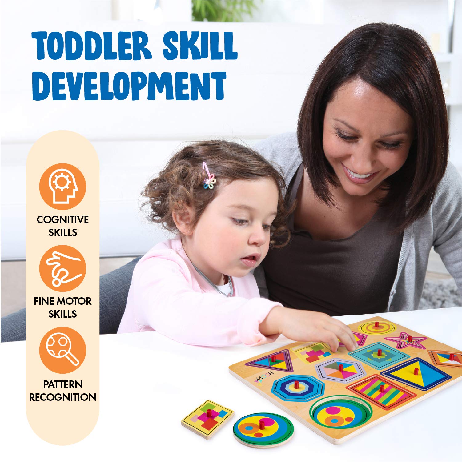 Baby Peg Puzzle 3-in-1 Set - 3 Different Themed Educational Knob Puzzles for Boy & Girl Toddlers Plus: Storage Rack (6 Board Puzzles)