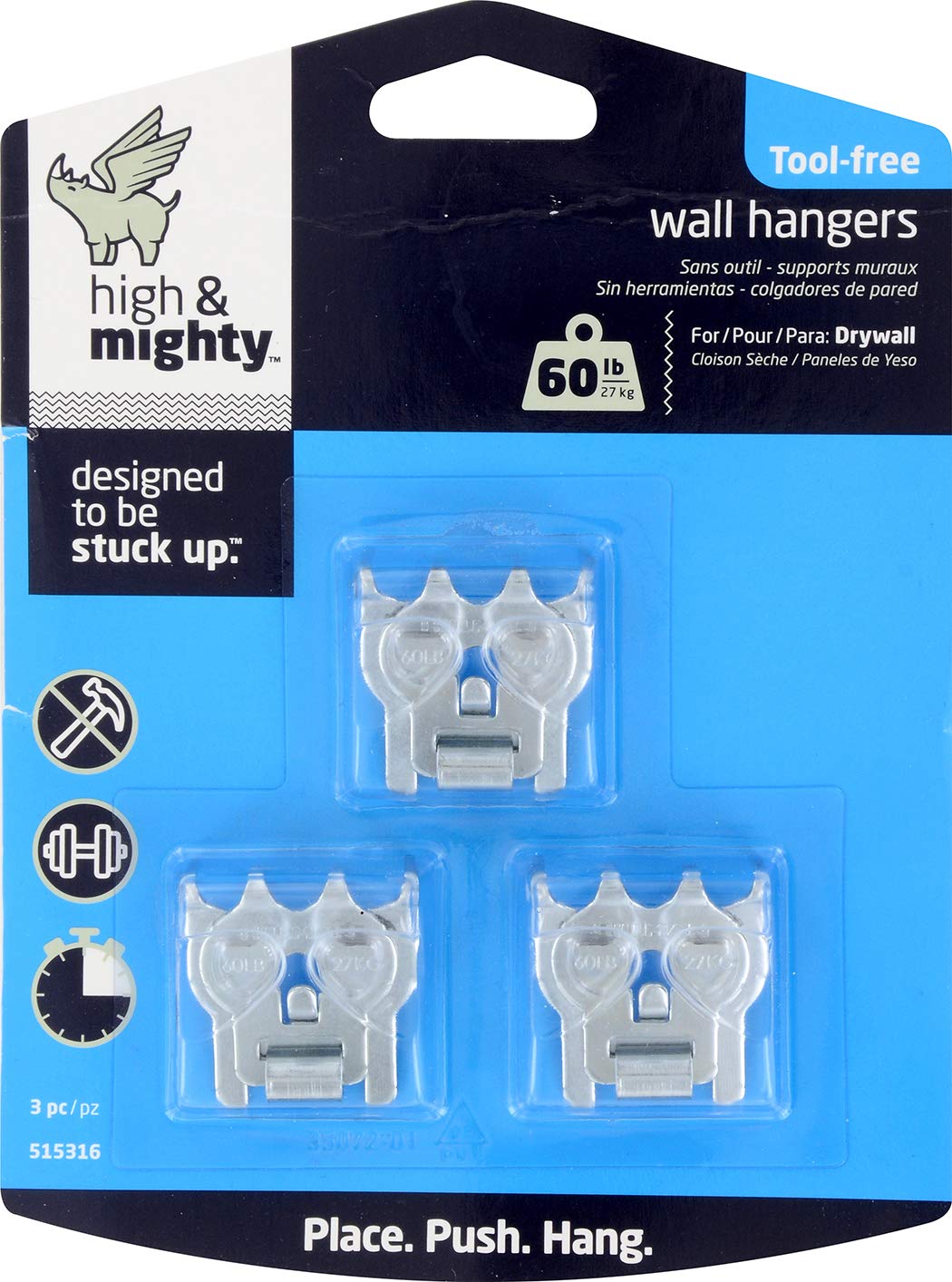 HIGH & MIGHTY 515316 Picture Hanger Value Pack, Easy Tool-Free Dry Wall Art Hangers for Artwork, Photos, and Mirrors, Holds up to 60lbs, 3 Pack, Steel