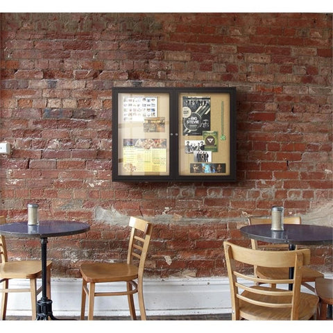 Ghent 3" x 4" 2-Door indoor Enclosed Bulletin Board , Shatter Resistant, with Lock, Bronze Aluminum Frame - Natural Cork (PB234K) Made in the USA