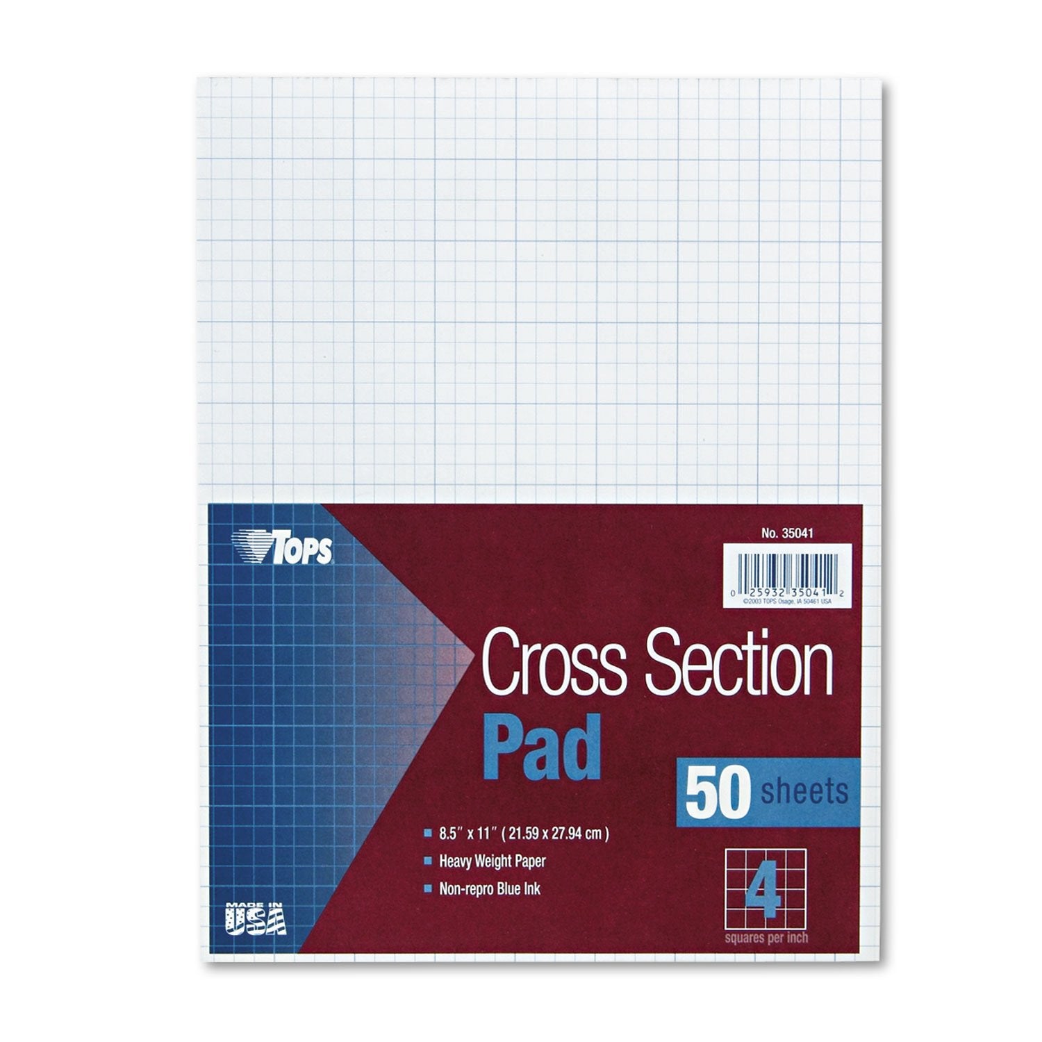TOPS Cross Section Pad, 1 Pad, 4 Squares/Inch, Quadrille Rule, Letter Size, White, 50 Sheets/Pad, 1 Pad (35041)