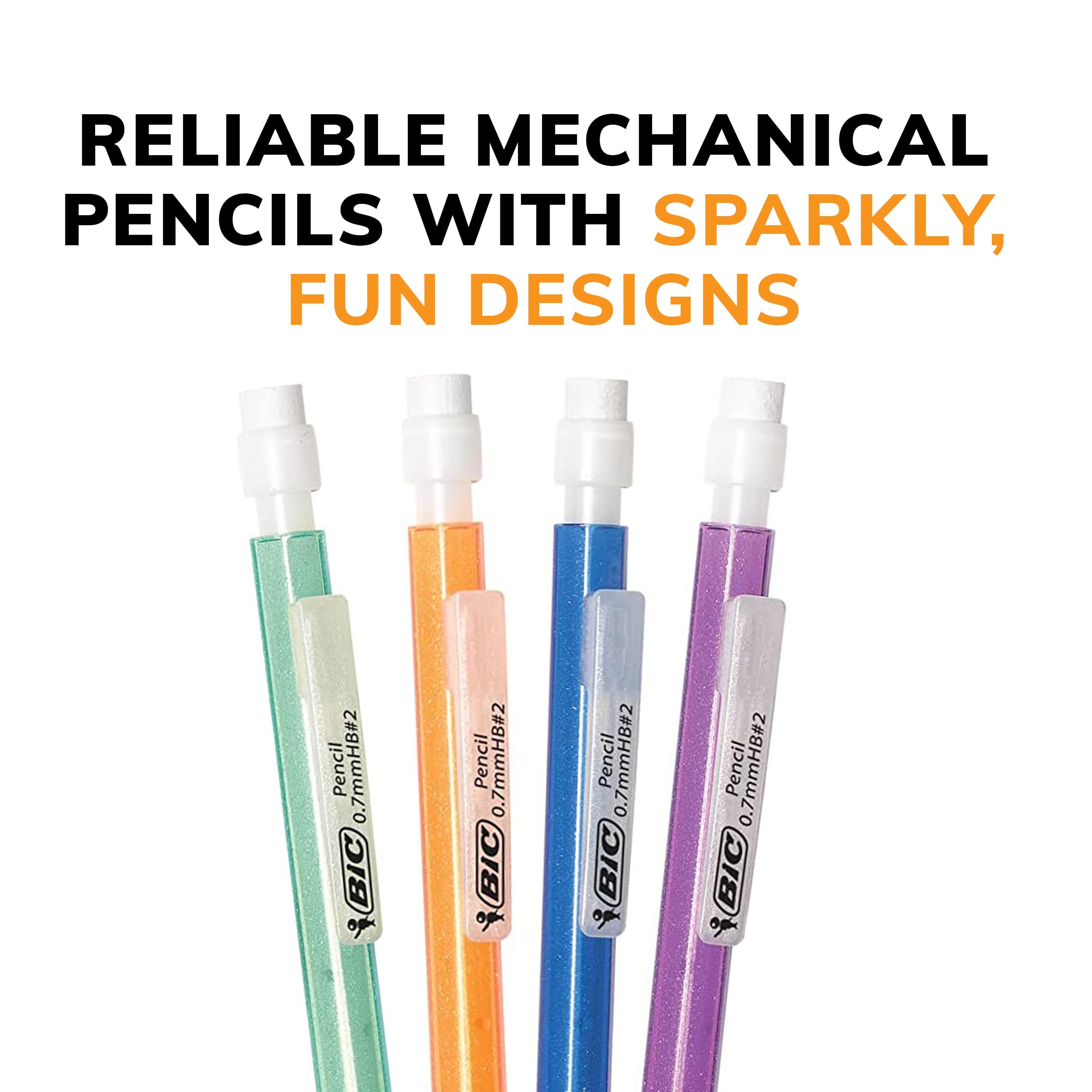 BIC Xtra-Sparkle Number 2 Mechanical Pencils With Erasers, Medium Point (0.7mm), 15-Count Pack, Cute Mechanical Pencils for Girls, Boys and Adults