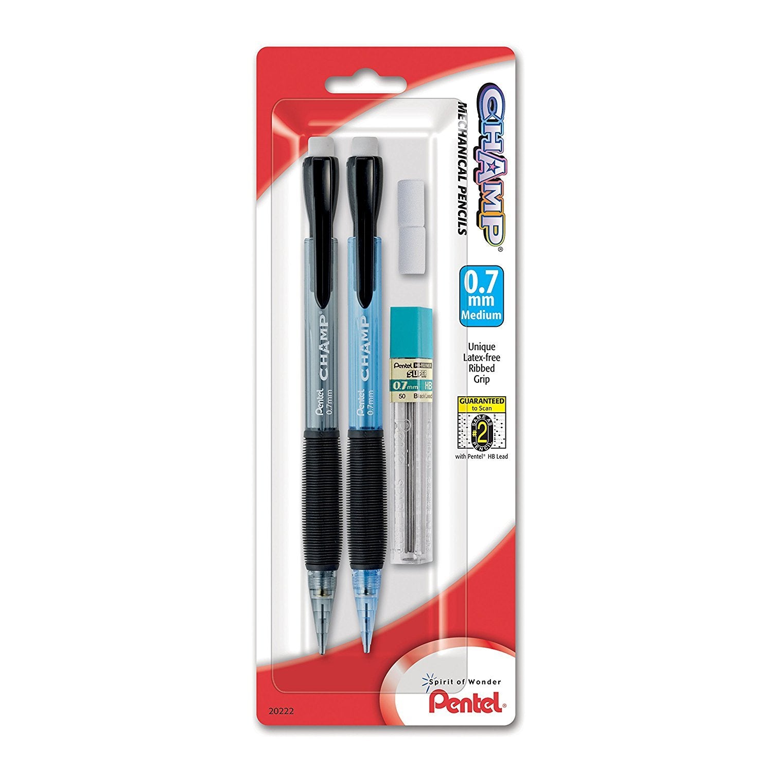 Pentel Champ Mechanical Pencil with Lead and 2 Erasers, (0.7mm), Assorted Barrels, Barrel Color May Vary, 2 Pack (AL17LEBP2)