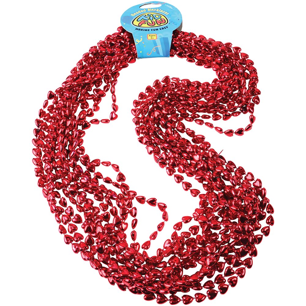 U.S. Toy Metallic Heart Bead Necklaces – 12 Pack of Red 33” Valentine Party Favors
