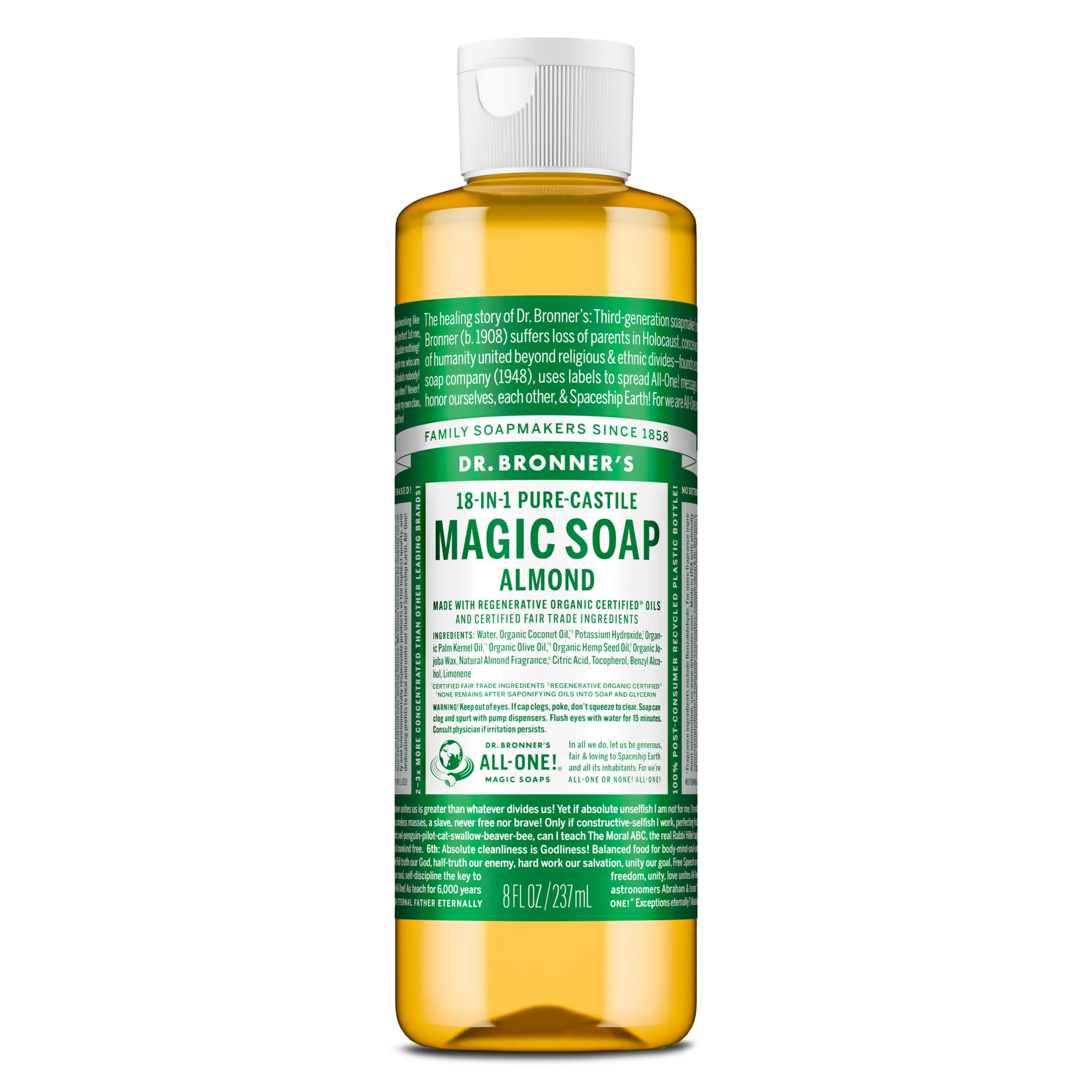 Dr. Bronner's Pure-Castile Magic Soap Liquid (Almond, 8 Ounce) - Made with Regenerative Organic Certified Oils, 18-in-1 Uses: Face, Body, Hair, Laundry, Pets and Dishes, Concentrated, Vegan, Non-GMO