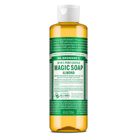 Dr. Bronner's Pure-Castile Magic Soap Liquid (Almond, 8 Ounce) - Made with Regenerative Organic Certified Oils, 18-in-1 Uses: Face, Body, Hair, Laundry, Pets and Dishes, Concentrated, Vegan, Non-GMO
