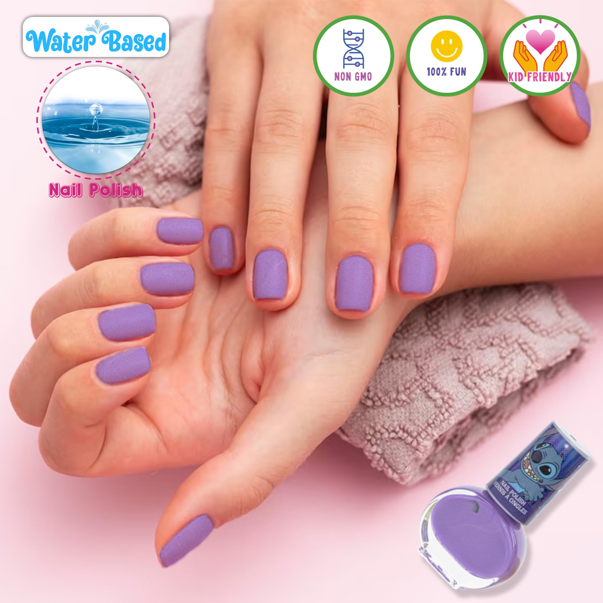 Disney Stitch Non-Toxic Peel-Off Water-Based Safe Quick Dry Nail Polish |Gift Kit Set for Kids Tweens Girls, Shimmer and Opaque Colors| Ages 3+ (8 Pcs)