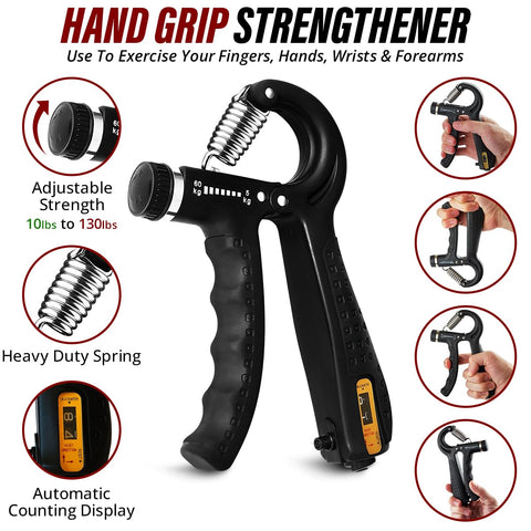 Hand Strength Kit With Finger Exerciser, Stretcher, Forearm Grip Adjustable Gripper, Exercise Ring and Stress Relief Ball for Athletes Muscle Trainer. Black