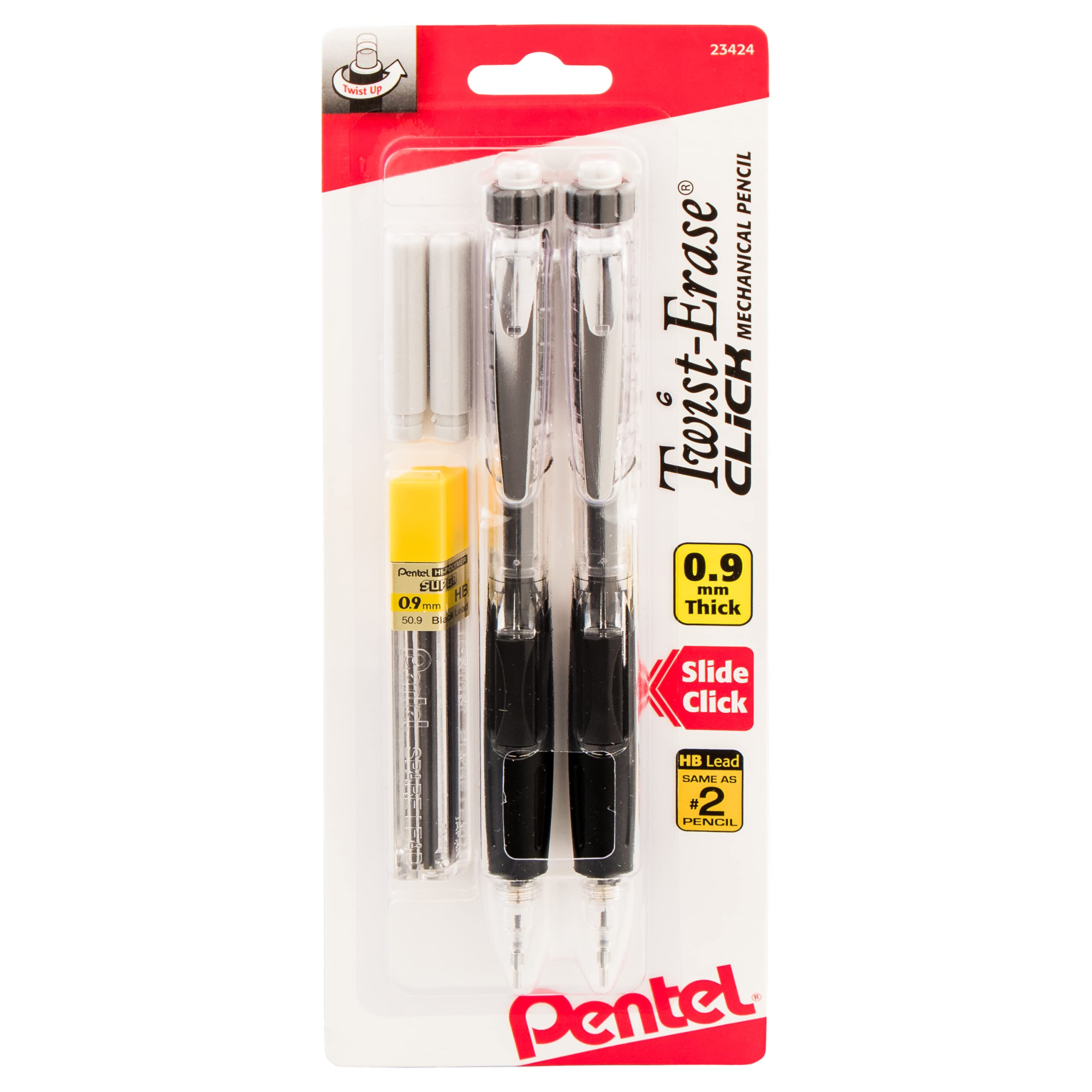Pentel Twist Erase Click Automatic Pencil with 2 Eraser Refills and Lead, 0.9 mm, Assorted Barrels, Color May Vary, 2 Pack (PD279TLEBP2)