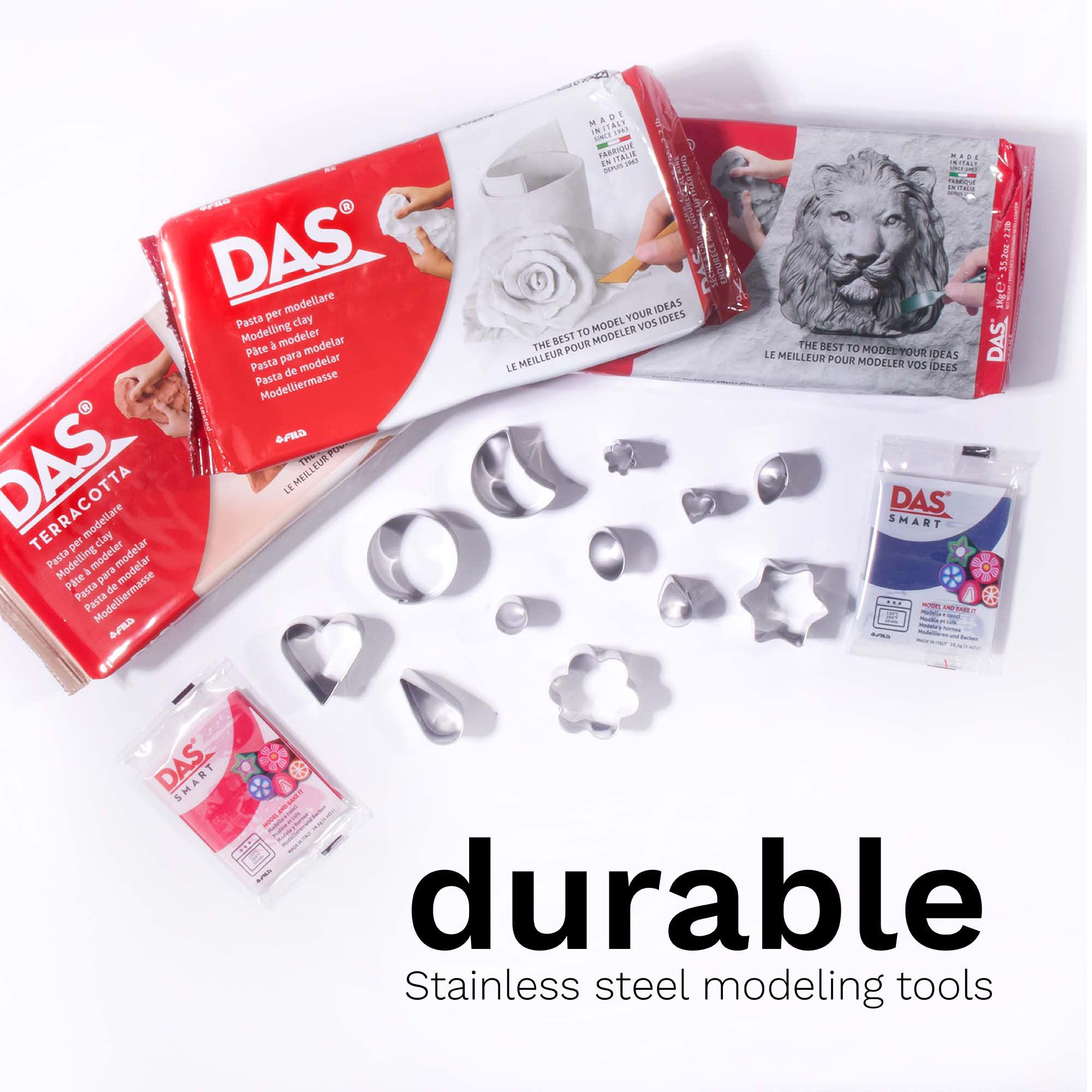 DAS Modelling Tools Metal Cutters - 12pc Assorted Clay Cutter Set for All Artists - Air Hardening Clay and Polymer Clay Cutters - Easy to Clean Durable Mini Clay Cutters in Various Shapes