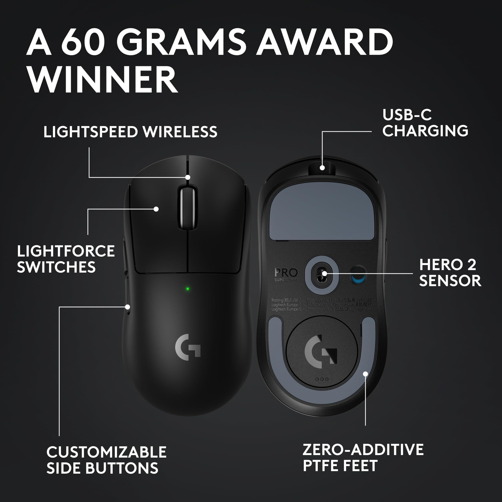 Logitech G PRO X Superlight 2 Wireless Gaming Mouse, 60g Pro-Grade with 5 Programmable Buttons, 44k DPI Sensor, 8kHz Report Rate, USB-C Charging for PC/Mac - Black