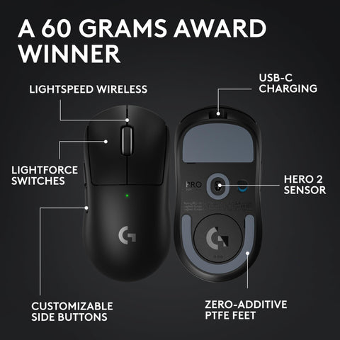 Logitech G PRO X Superlight 2 Wireless Gaming Mouse, 60g Pro-Grade with 5 Programmable Buttons, 44k DPI Sensor, 8kHz Report Rate, USB-C Charging for PC/Mac - Black