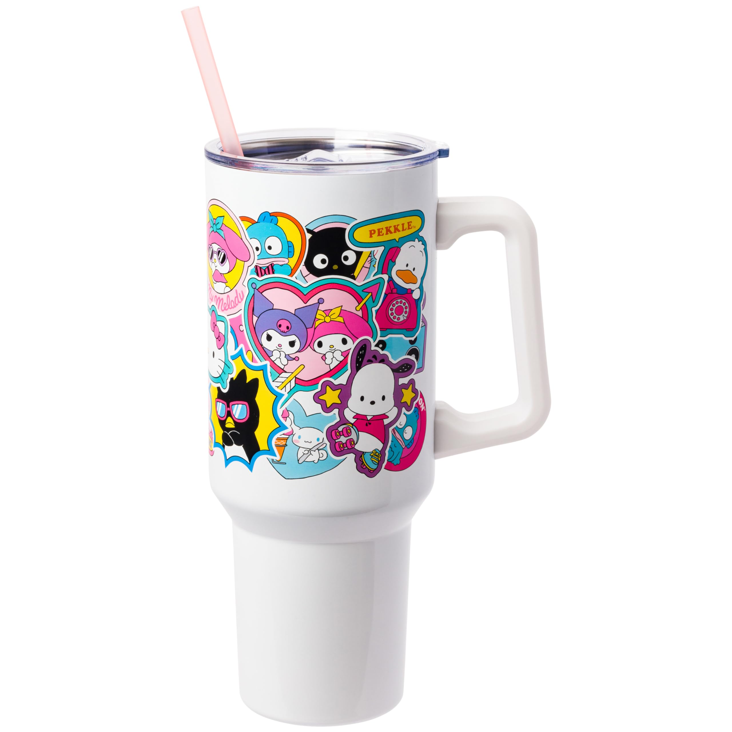 Silver Buffalo Sanrio Hello Kitty & Friends Cinnamoroll, Kuromi, Chococat, Badtz-Maru, Keroppi, Sticker Double Walled Stainless Steel Tumbler w Handle and Straw, Fits in Standard Cup Holder, 40 Ounces