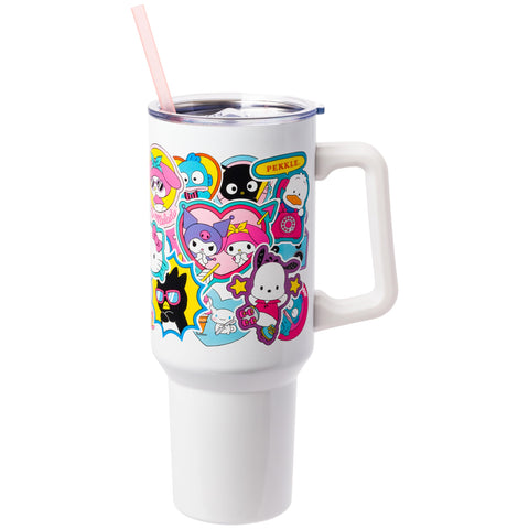 Silver Buffalo Sanrio Hello Kitty & Friends Cinnamoroll, Kuromi, Chococat, Badtz-Maru, Keroppi, Sticker Double Walled Stainless Steel Tumbler w Handle and Straw, Fits in Standard Cup Holder, 40 Ounces