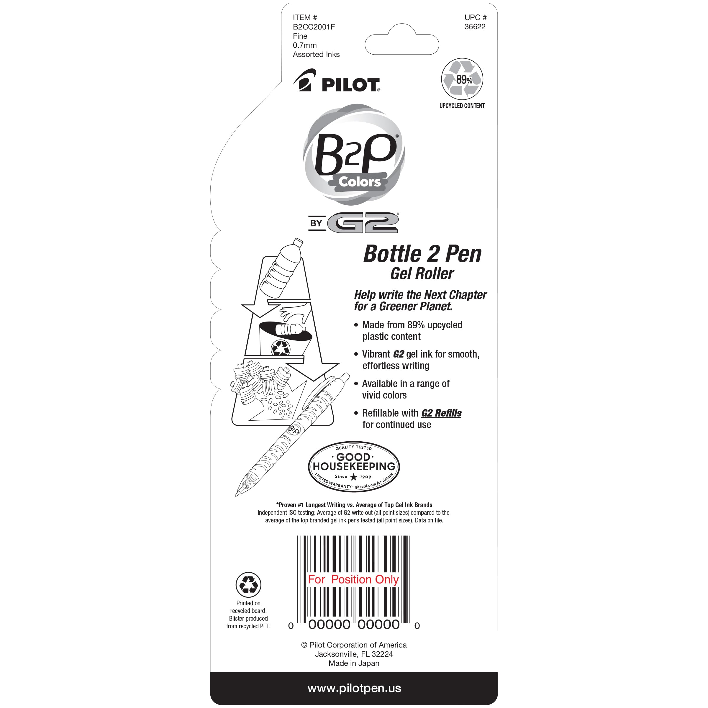 PILOT B2P Colors - Bottle to Pen Refillable & Retractable Rolling Ball Gel Pen Made From Recycled Bottles, Fine Point, Assorted Color G2 Inks, 2-Pack (36622)