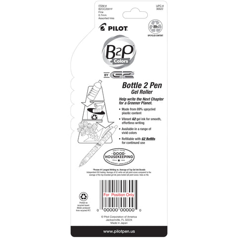 PILOT B2P Colors - Bottle to Pen Refillable & Retractable Rolling Ball Gel Pen Made From Recycled Bottles, Fine Point, Assorted Color G2 Inks, 2-Pack (36622)