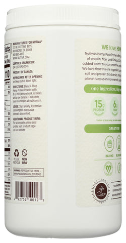 Nutiva Organic Cold-Pressed Raw Hemp Seed Protein Powder, Peak Protein, 16 Ounce, USDA Organic, Non-GMO, Whole 30 Approved, Vegan, Gluten-Free & Keto, Plant Protein with Essential Amino Acids