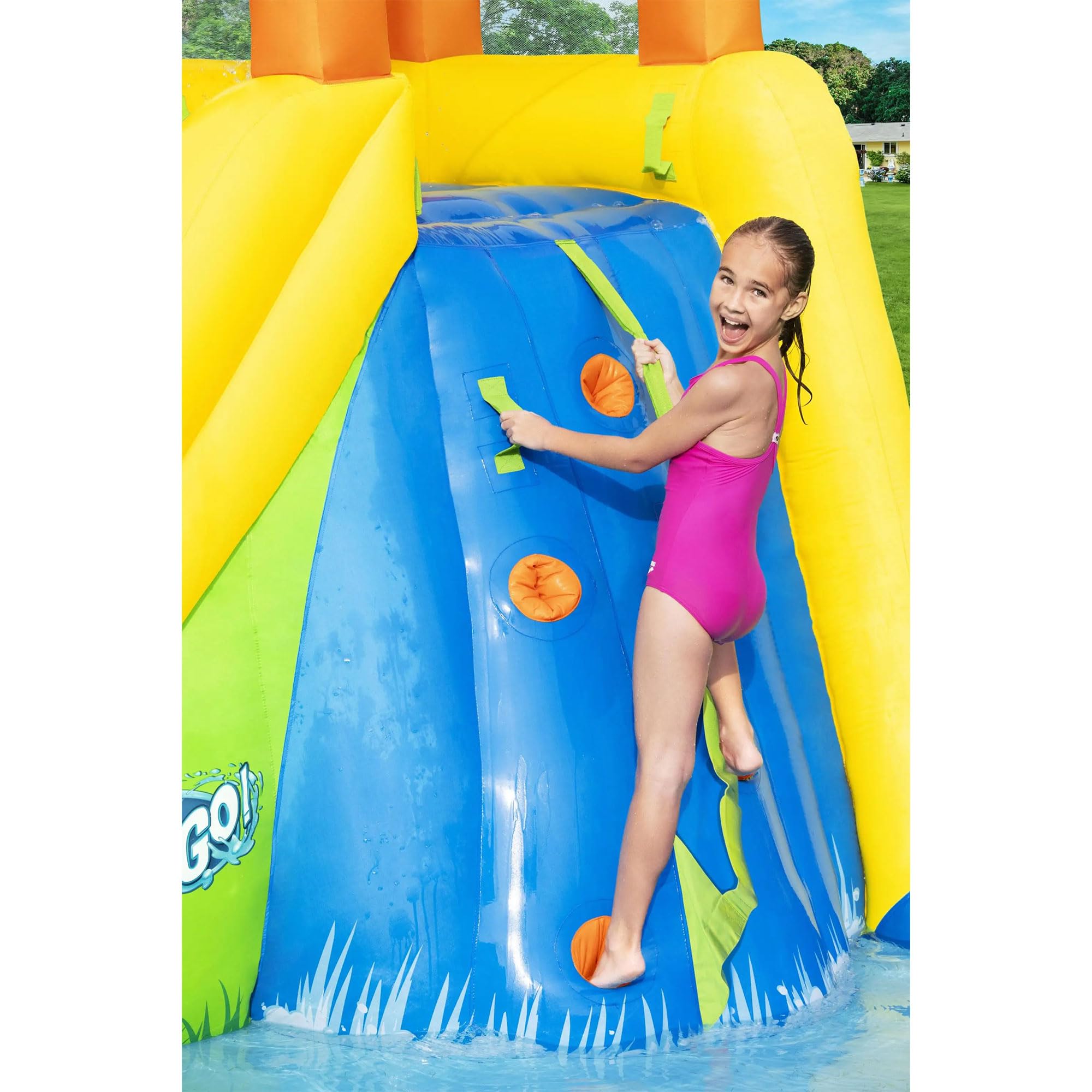 Bestway H2OGO Mount Splashmore Kids Inflatable Outdoor Backyard Water Slide Splash Park with Climbing Wall, Slide, Splash Zone, and Spray Blaster