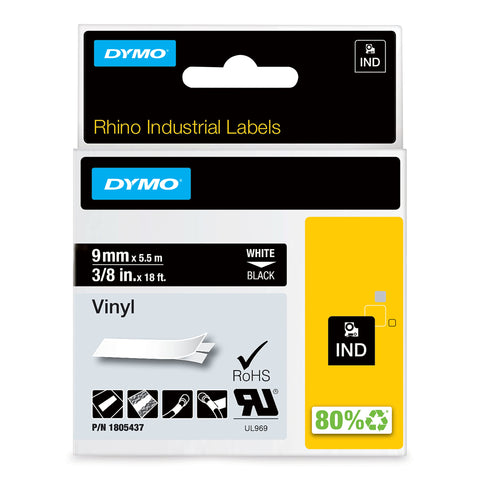DYMO Industrial Vinyl Labels, 3/8", White on Black