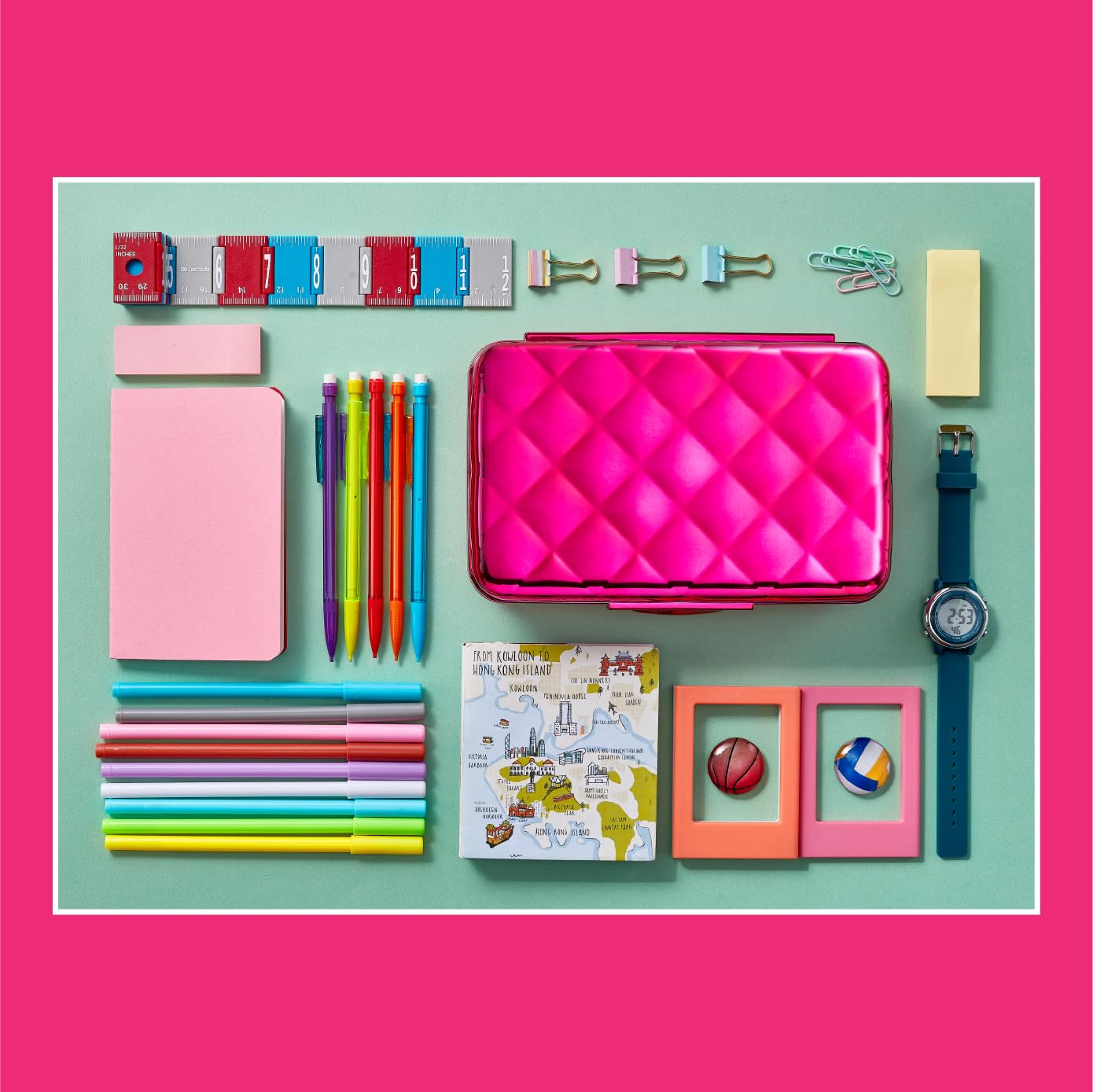 It's Academic Metallic Pencil Case Box, Hard Plastic, Stylish Quilted-Pattern Lid, Pink